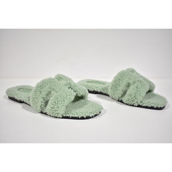 Hermes Oran Teddy Shearling Fur Green H Logo Slide Sandal Mule Flat Flip Flop 42 - Picture 3 of 12